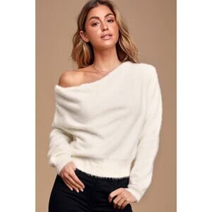 Lulus Care For You White Eyelash Knit Cowl Neck Reversible Sweater - Size Medium